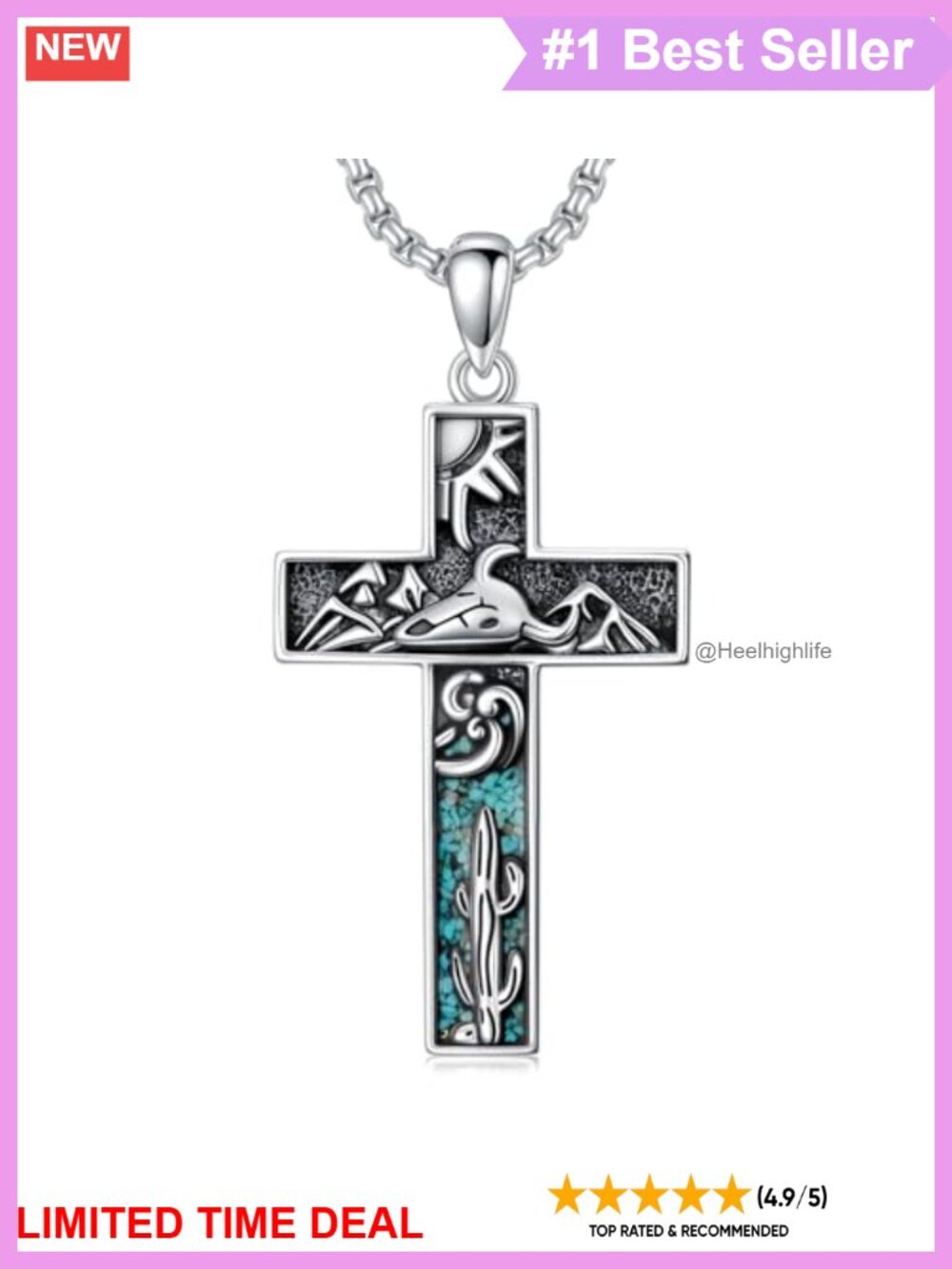 925 Sterling Silver Turquoise Cactus Pendant Necklace Western Country